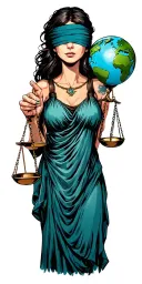 blindfolded libra woman holding the scales of justice in one hand and the world in the other hand.  tattoo design idea