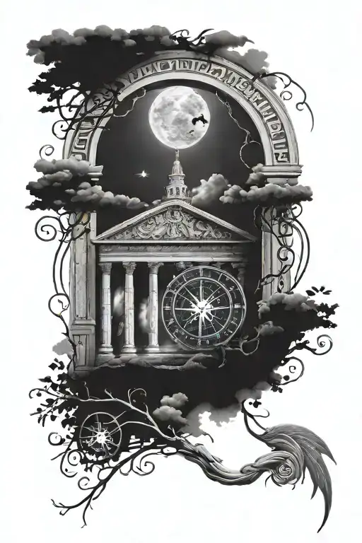 ancient roman arch monument with a thunder storm inside the arch, vines wrapping around the arch, and a compass tattoo design idea