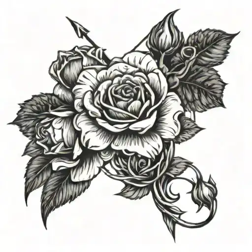 A cosmic design combining the Cancer and Sagittarius zodiac symbols intertwined with a delicate rose and narcissus flower tattoo design idea