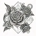 A cosmic design combining the Cancer and Sagittarius zodiac symbols intertwined with a delicate rose and narcissus flower tattoo design idea