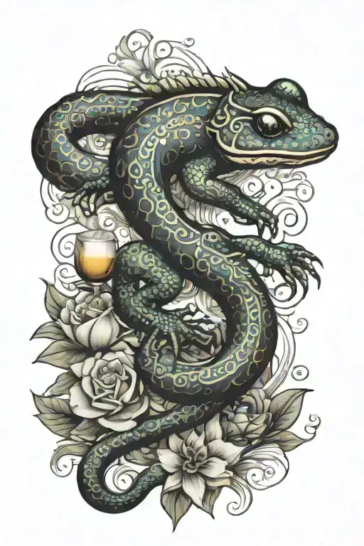 Salamander in front of mandala and wine cup tattoo design idea