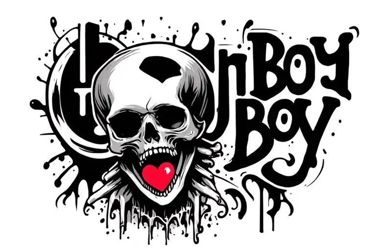 "Ghost boy" skull with a heart in the mouth open tattoo design idea