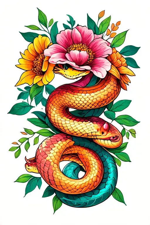 two headed snake with flowers  tattoo design idea