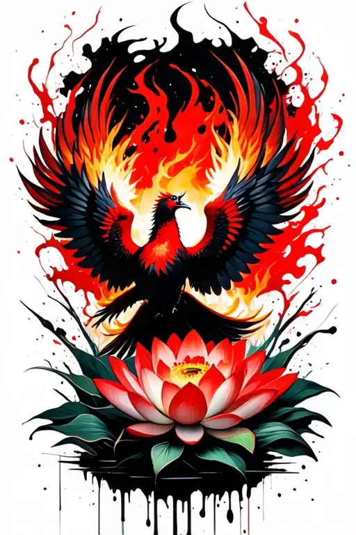 fiery phoenix flying emerging from lotus flowers tattoo design idea