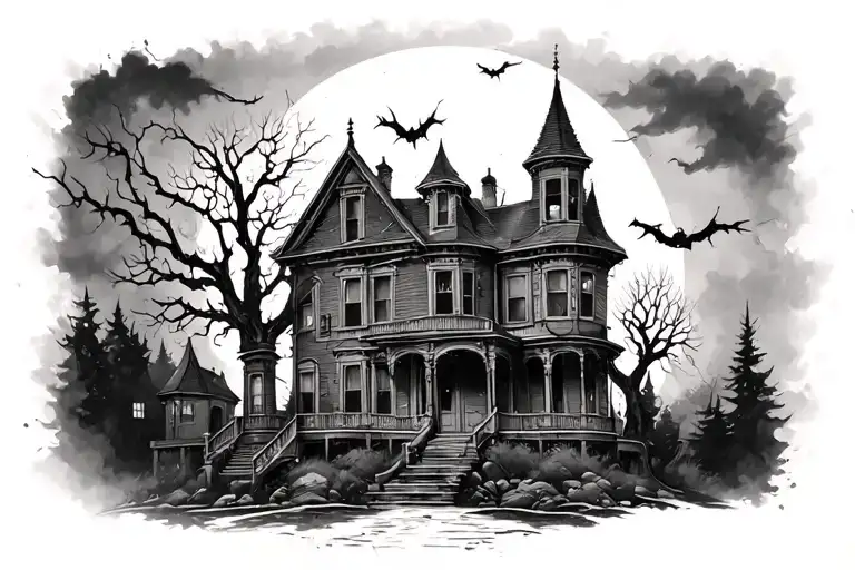 haunted manor mansion spooky grayscale  tattoo design idea