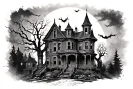 haunted manor mansion spooky grayscale  tattoo design idea
