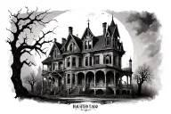 haunted manor mansion spooky grayscale  tattoo design idea