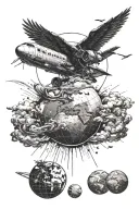 icarus falling from the sun, but instead of the sun its the earth with a plane coming out of the earth tattoo design idea