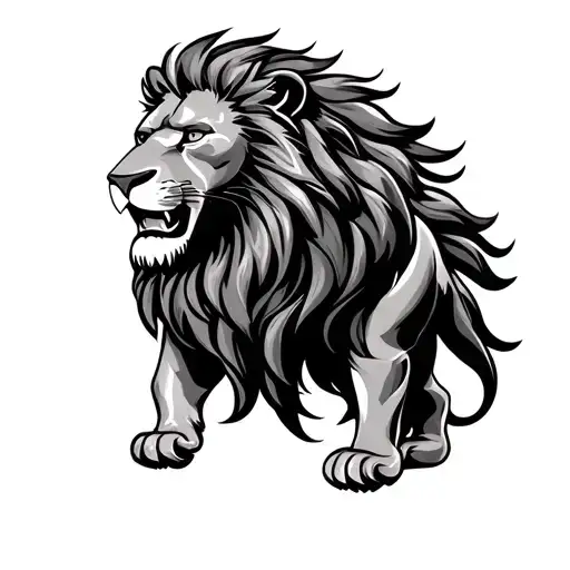 Generate me an image of a sublime lion sign with long hair that inspires confidence despite the past war tattoo design idea