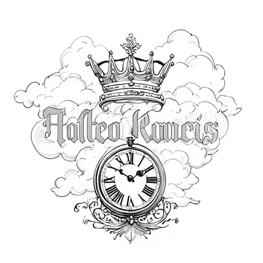 Create a sketch of a half sleeve tattoo. Above the word should be a crown and clouds below should be a Roman clock, plan tattoo design idea
