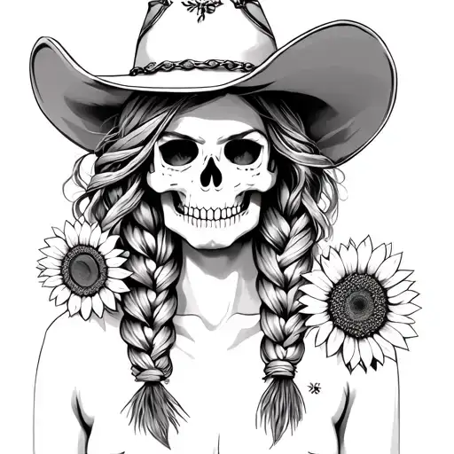 cowgirl with 2 braids skull face tattoo sunflower blooming tattoo design idea