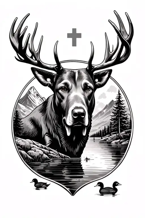 deer moose head mix labrador retriever hunting in duckks in pond montains top of mountain 3 crosses hour glass  tattoo design idea