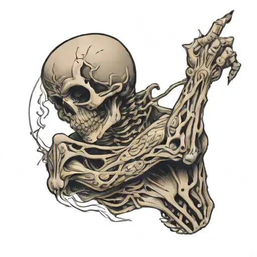 a tattoo of death standing sideways, looking over his shoulder straight ahead with a visible gaping jaw, holding in his right hand tattoo design idea