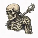 a tattoo of death standing sideways, looking over his shoulder straight ahead with a visible gaping jaw, holding in his right hand tattoo design idea