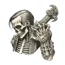 a tattoo of death standing sideways, looking over his shoulder straight ahead with a visible gaping jaw, holding in his right hand tattoo design idea