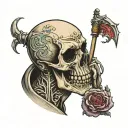 a tattoo of death standing sideways, looking over his shoulder straight ahead with a visible gaping jaw, holding in his right hand tattoo design idea