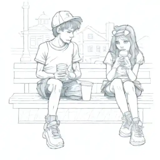 boy and girl sitting on sidewalk drinking milk shakes   tattoo design idea