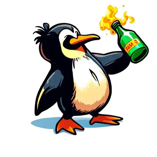 colorful cartoon penguin throwing a Molotov cocktail bottle tattoo design idea