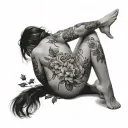 girl sitting on knees looking back, with flowers and nature covering her nude body tattoo design idea