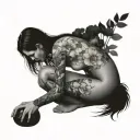 girl sitting on knees looking back, with flowers and nature covering her nude body tattoo design idea