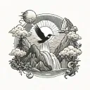 sun, mountains, bird, waterfall cascading into the sea tattoo design idea