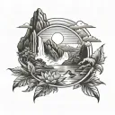 sun, mountains, bird, waterfall cascading into the sea tattoo design idea