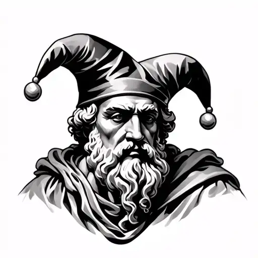 Black and grey realism with fine shading. Socrates with a jester hat tattoo design idea
