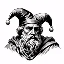 Black and grey realism with fine shading. Socrates with a jester hat tattoo design idea