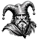 Black and grey realism with fine shading. Socrates with a jester hat tattoo design idea