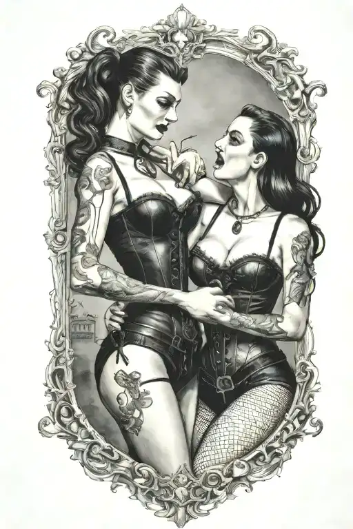 realistic scene of a gothic pinup girl waering corset and fishnets being bitten by a scary male vampire tattoo design idea
