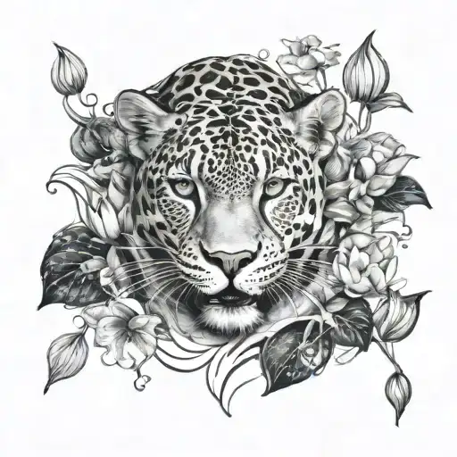 Jaguar face partially submerged in water line with lotus flowers tattoo design idea
