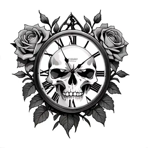 skull roses gemini clock roman numeral 13 tattoo design idea