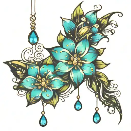 flowers sparkles dangling down hippy tattoo design idea