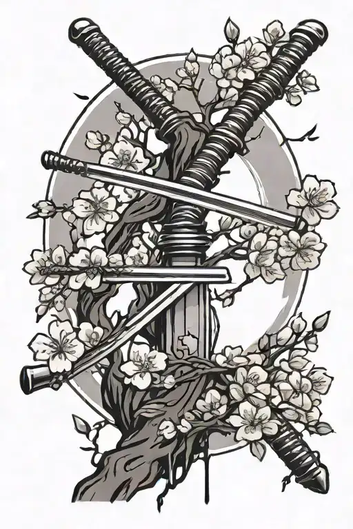 cherry blossom tree with katana and semi colon tattoo design idea