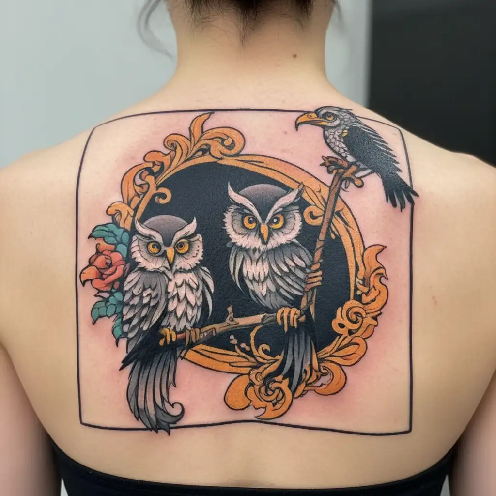 OWL AND SEAHORSE HOLDING TRIDENT  tattoo design idea