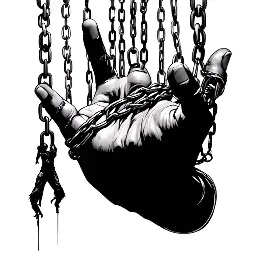 hand facing down with chains wrapped around each finger like puppet strings with people hanging from the chains tattoo design idea