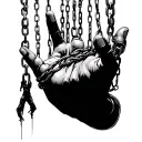 hand facing down with chains wrapped around each finger like puppet strings with people hanging from the chains tattoo design idea