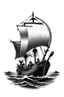 father and son travel adventurers the ocean Viking boat with motorcycle elements travelling the world  tattoo design idea