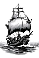 father and son travel adventurers the ocean Viking boat with motorcycle elements travelling the world  tattoo design idea
