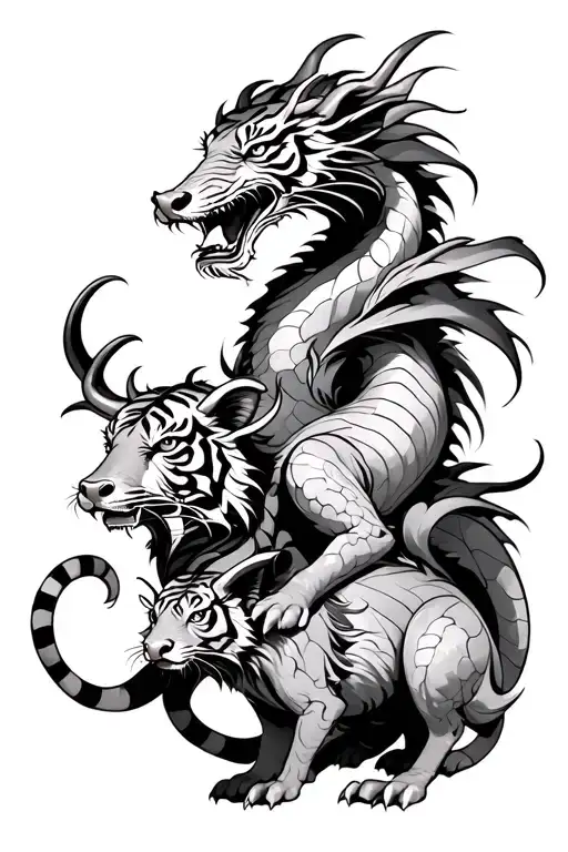 dragon protecting an ox a tiger and a rat tattoo design idea
