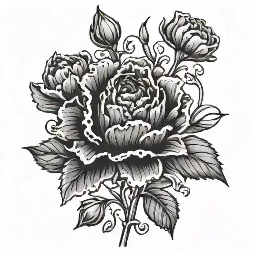 I want a fine line or one line tattoo design of a black and red carnation mixed with tiny snowdrop flowers, with long st tattoo design idea