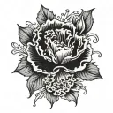 I want a fine line or one line tattoo design of a black and red carnation mixed with tiny snowdrop flowers, with long st tattoo design idea