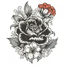 I want a fine line or one line tattoo design of a black and red carnation mixed with tiny snowdrop flowers, with long st tattoo design idea