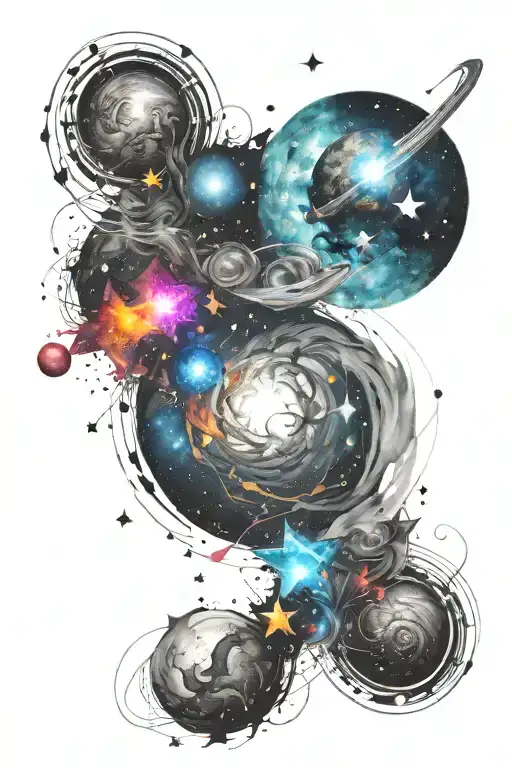 Universe tattoo with a background resembling brush strokes and colorful stars tattoo design idea