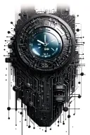 Highly detailed Small digital time display 3D rounded body around many electric circuits tattoo design idea