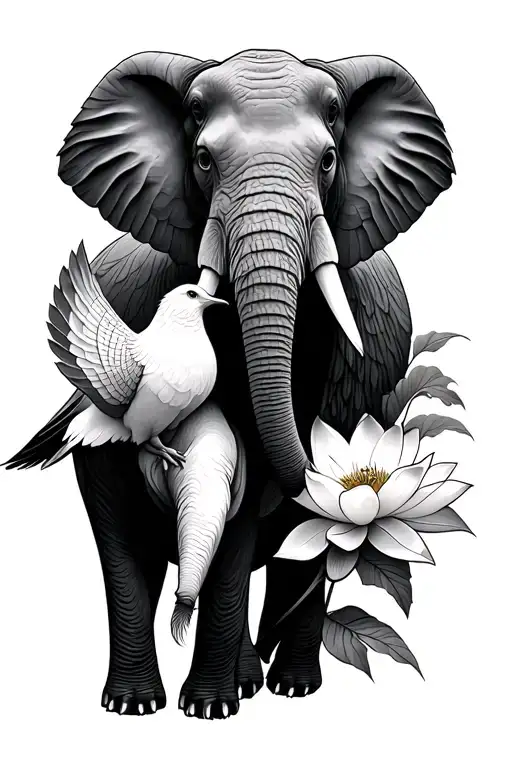 Lotus flower dove and elephant walking tattoo design idea
