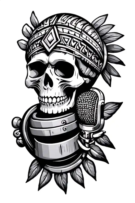 aztec skull microphone surrounded tattoo design idea