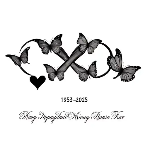 "1953-2025" infinity symbol, three butterfly and five heart made tattoo design idea
