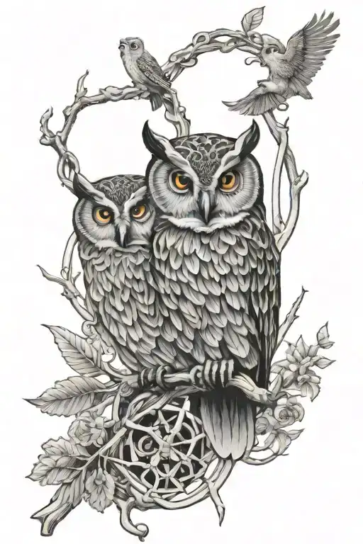 quantum entanglement and owl perched tattoo design idea