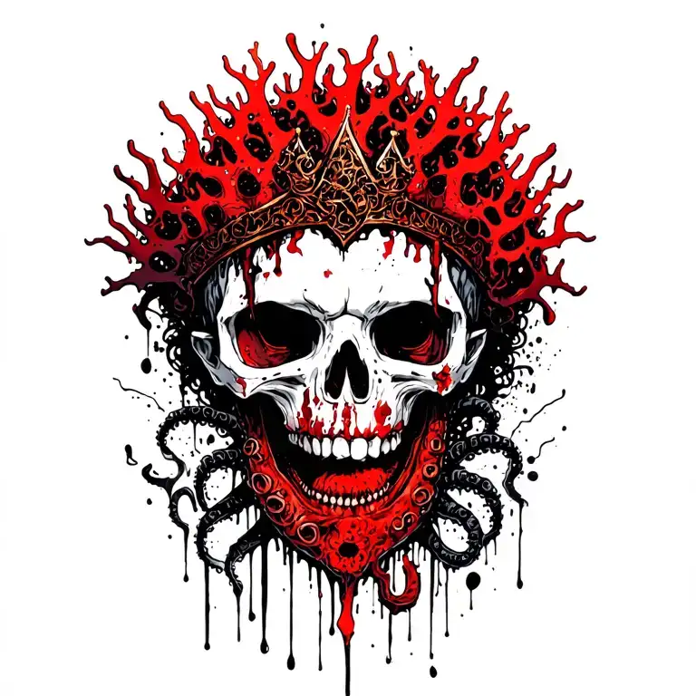 King Of Bones With A Coral Crown, Hades 2 Style, Eldritch, Tentacles, Lovecraftian, Deep Sea background  tattoo design idea